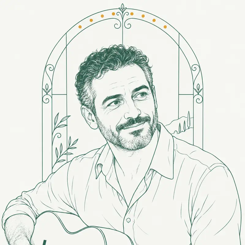 Ritratto disegnato di Matteo Scarano con una chitarra classica sulle ginocchia