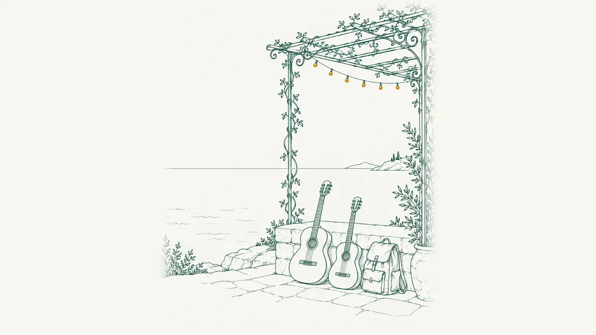 Illustrazione di una piccola chitarra da viaggio con tracolla appoggiata su uno zaino ai piedi di una colonna in una piazza salentina, luce calda