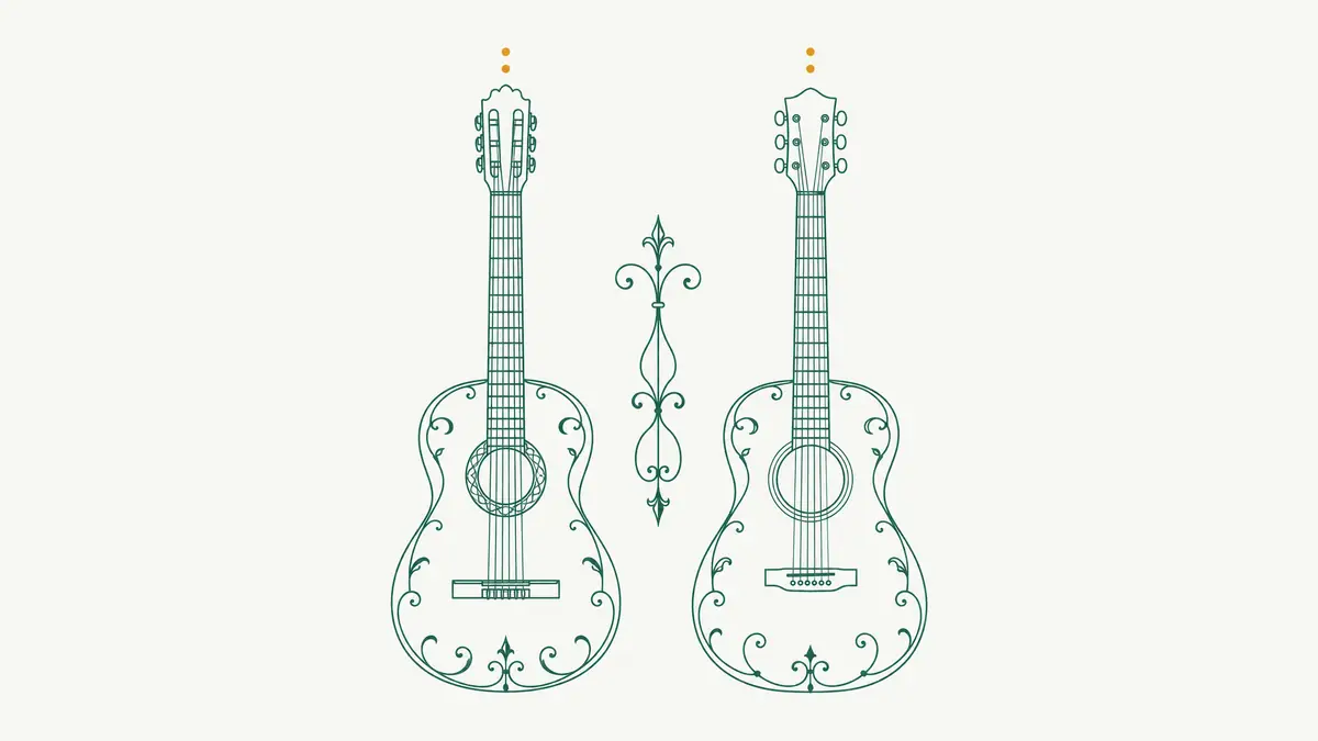 Illustrazione di due chitarre, una classica e una acustica, appoggiate al muro di una corte salentina al tramonto, senza testo