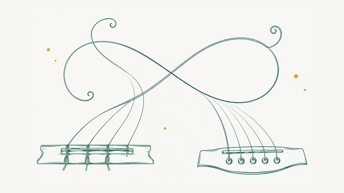 Illustrazione ravvicinata di due mani su corde di chitarra, una chitarra classica e una acustica poggiate sul parapetto di una piazza salentina al crepuscolo