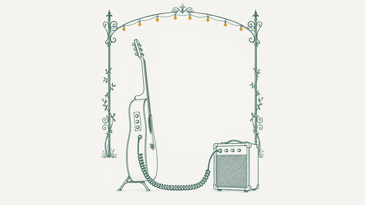 Illustrazione di una chitarra con spalla mancante accanto a un piccolo amplificatore su un palco improvvisato in una piazza del Salento, luci a festone