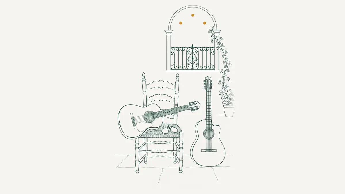 Illustrazione di una chitarra flamenca chiara su una sedia di paglia in un cortile salentino con una lanterna accesa e panni stesi in controluce