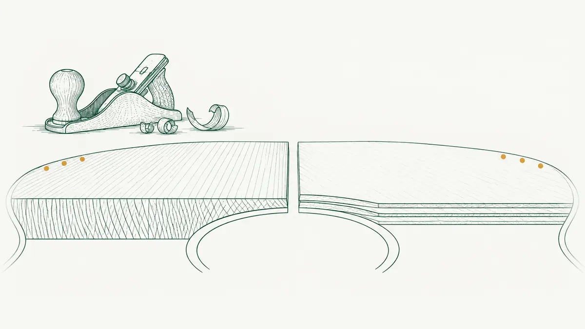 Illustrazione di una tavola di legno chiaro con venature in primo piano accanto a una chitarra, su un tavolo all'aperto in una piazza del Salento al tramonto