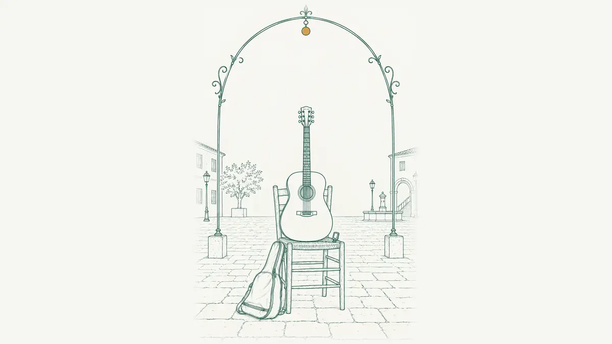 Illustrazione di una chitarra acustica appoggiata a una sedia in una piazza del Salento, pietra chiara e luci calde del tardo pomeriggio